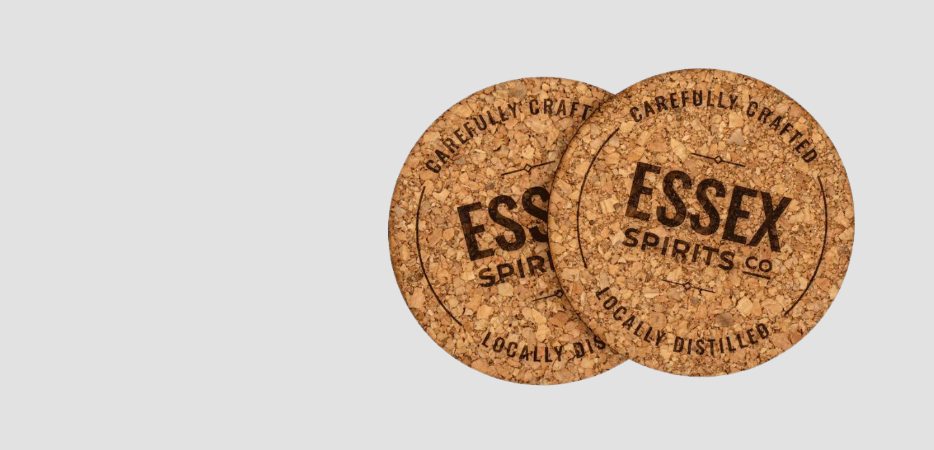 Cork Coasters recycled and re-usable accessories for Essex Spirits Co. products by The Essex Distillery, Chelmsford