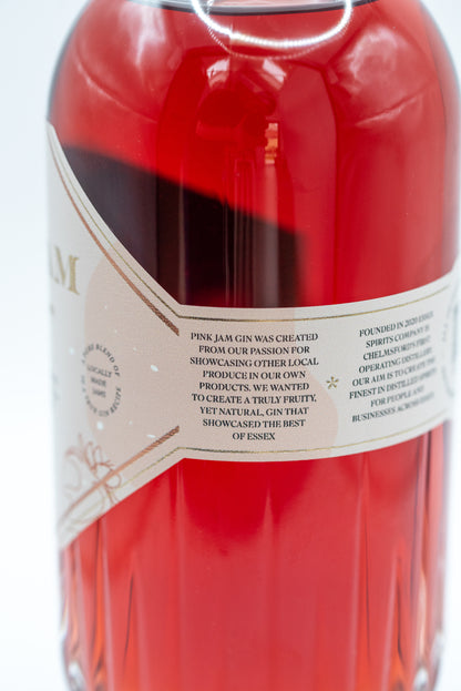 Pink Jam Gin bottle close up from Essex Spirits Company, Chelmsford Distillery