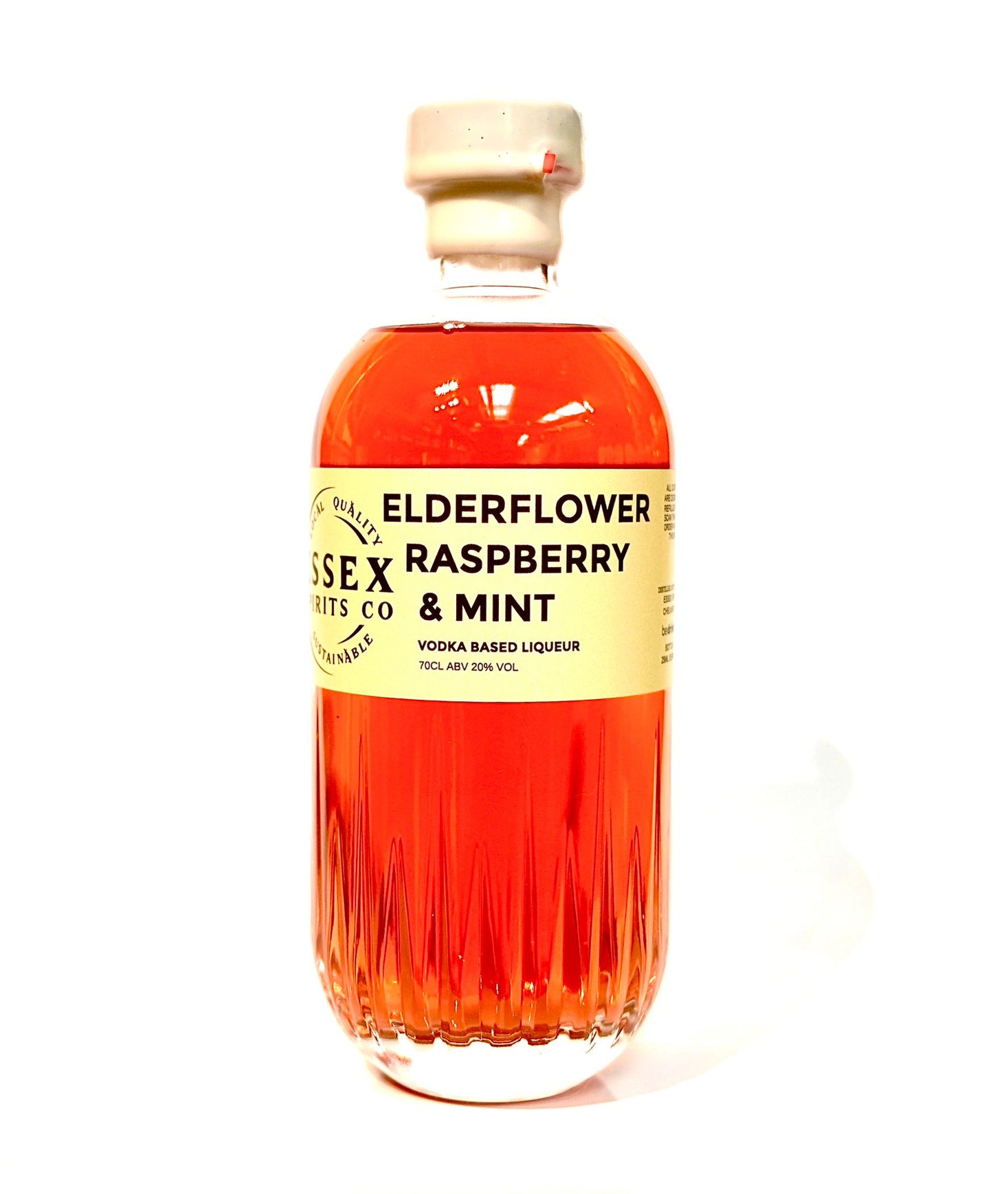 Bottle of Essex Liqueurs Elderflower Raspberry & Mint on a white background