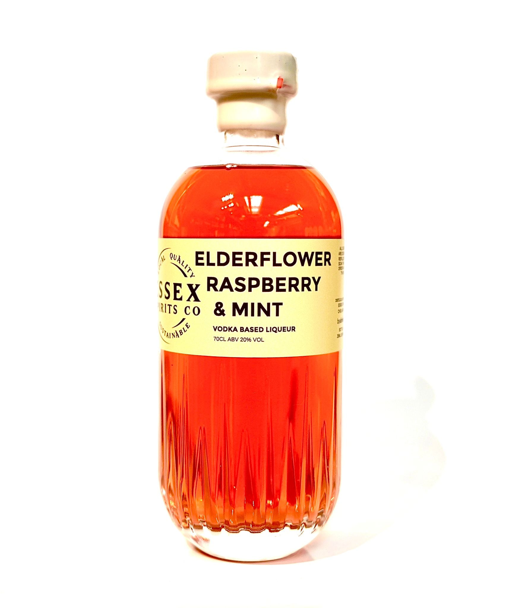 Bottle of Essex Liqueurs Elderflower Raspberry & Mint on a white background