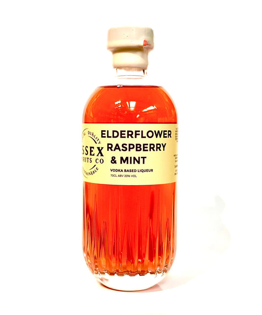 Bottle of Essex Liqueurs Elderflower Raspberry & Mint on a white background