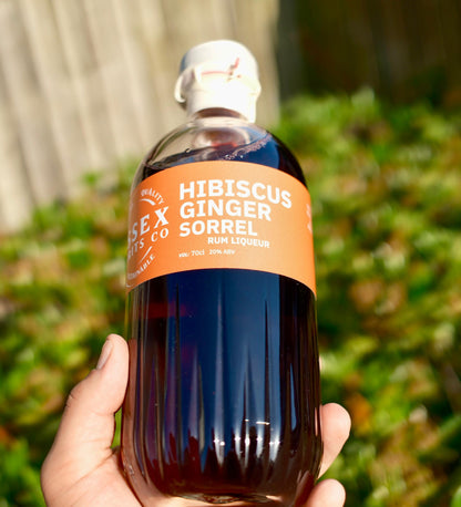 Bottle of Essex & Co. Hibiscus Ginger Sorrel Rum Liqueur held in a hand with a blurred green background